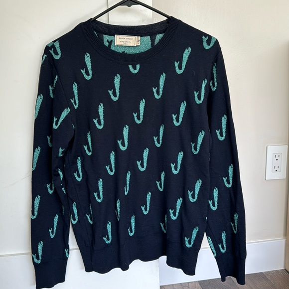 Maison Kitsune navy blue crew cut sweater with fish design all over. - Picture 1 of 3